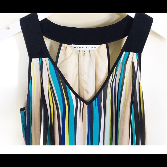TRINA TURK (Nordstrom) Silk Stripe Sleeveless Blouse/Tank With V Cut Blue Medium - Picture 5 of 8